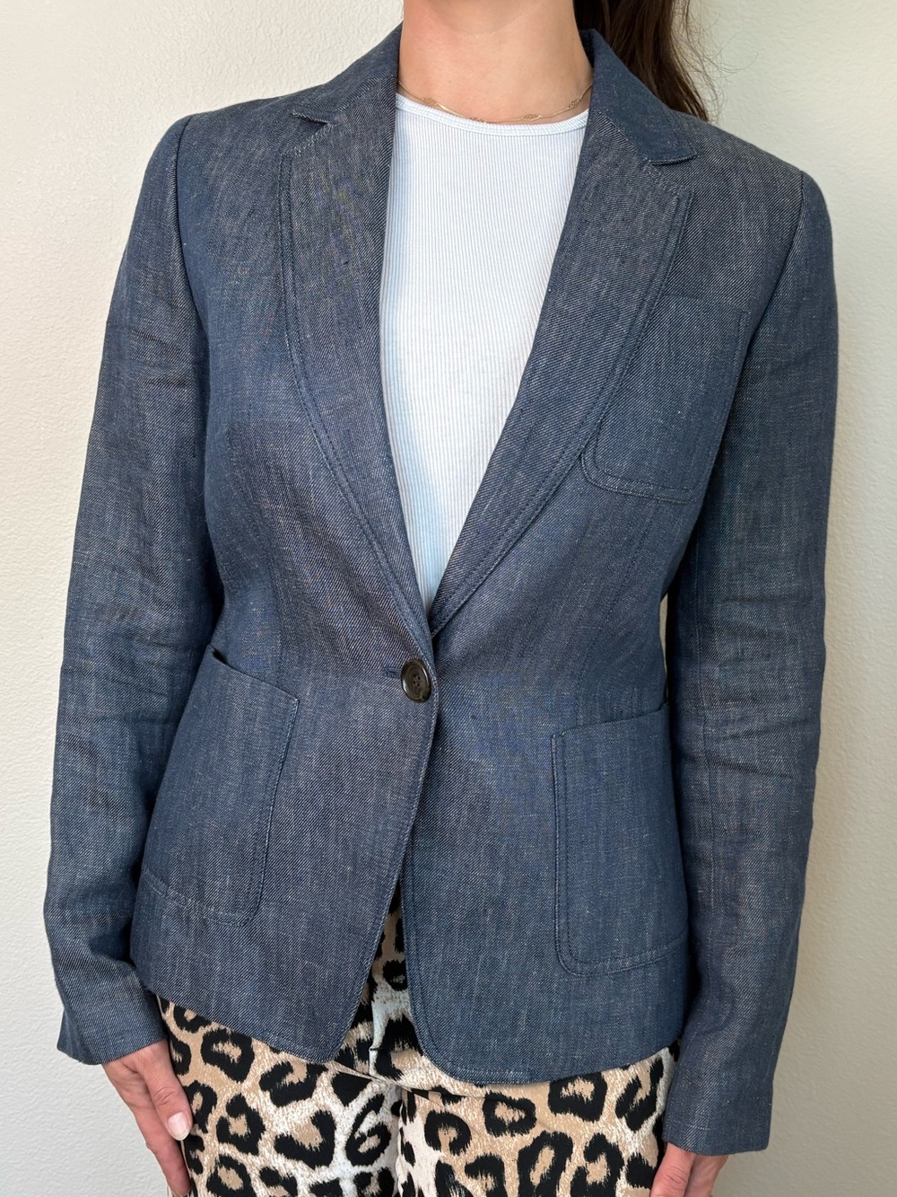Talbots Blue 100% Linen Chambray Single Button Lined Blazer Jacket Size 8